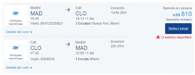 Vuelo Madrid Cali ida y vuelta