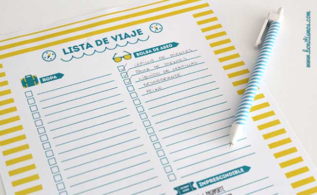 Lista de viaje para vacaciones